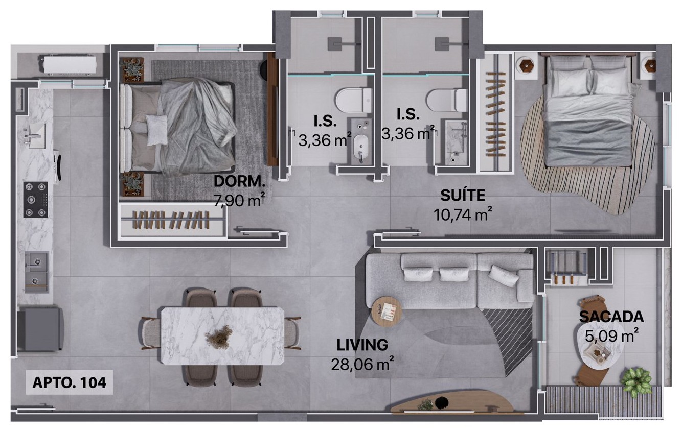 Planta do apartamento 104 com suíte, dormitório, dois banheiros, living e sacada